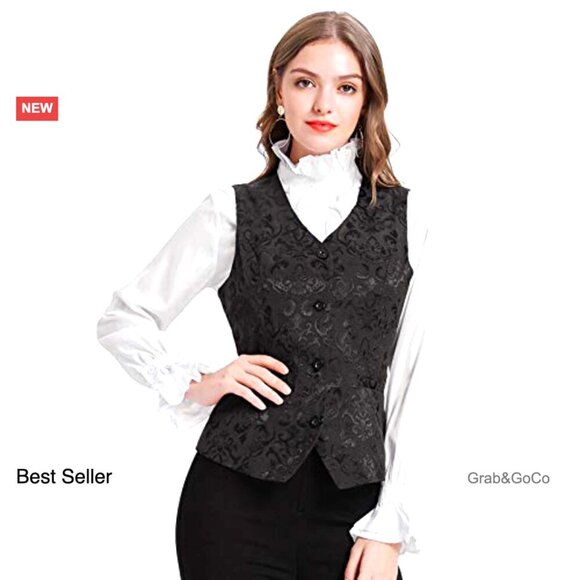 Vintage Steampunk Jacquard Waistcoat Vest Sleeveless Button Up Elegant Chic - Picture 3 of 6